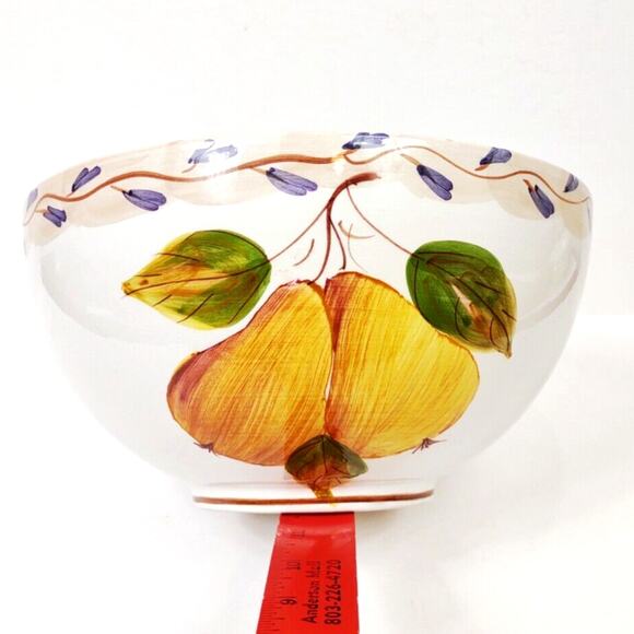Large Hand Painted Pears Vines Tuscan 9 in Round Serving Bowl Salad Vegetable - Picture 2 of 11